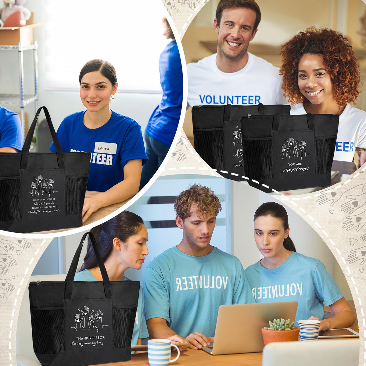 Paterr 10 Pcs Volunteer Appreciation Gifts Bulk Large Tote Bags with Zippered Mesh Pocket Inspirational Gift for Women Men(Black)