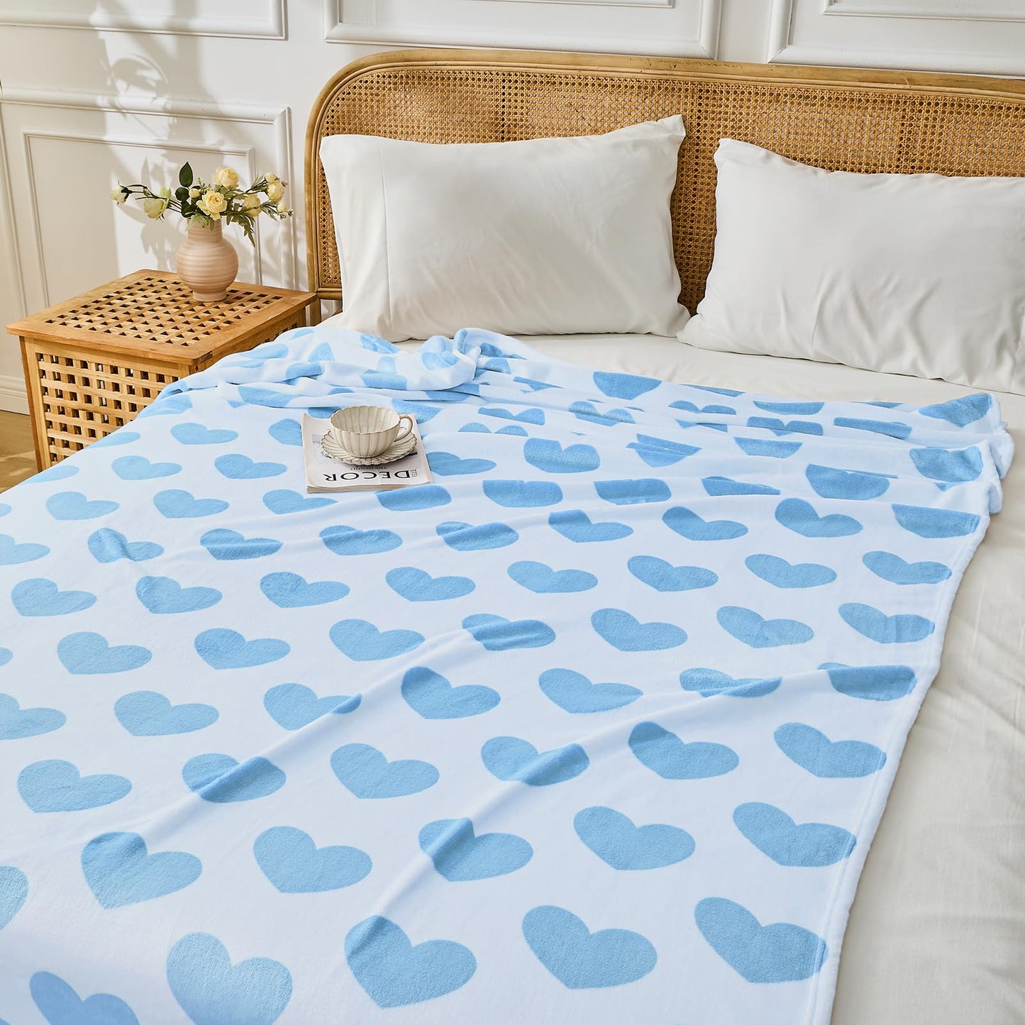FY FIBER HOUSE Heart Flannel Throw Blanket Soft Cozy Blankets for Lover Gifts All Season Use, 60x80 Inches, Blue