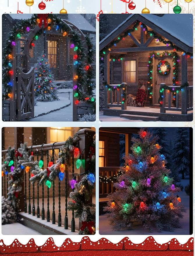 50 Count C9 Christmas Lights Outdoor, 26FT Diamond-Cut Multicolor LED String Lights, Connectable Green Wire Vintage Christmas Lights for House, Roofline, Trees, Garden & Christmas Outdoor Decorations