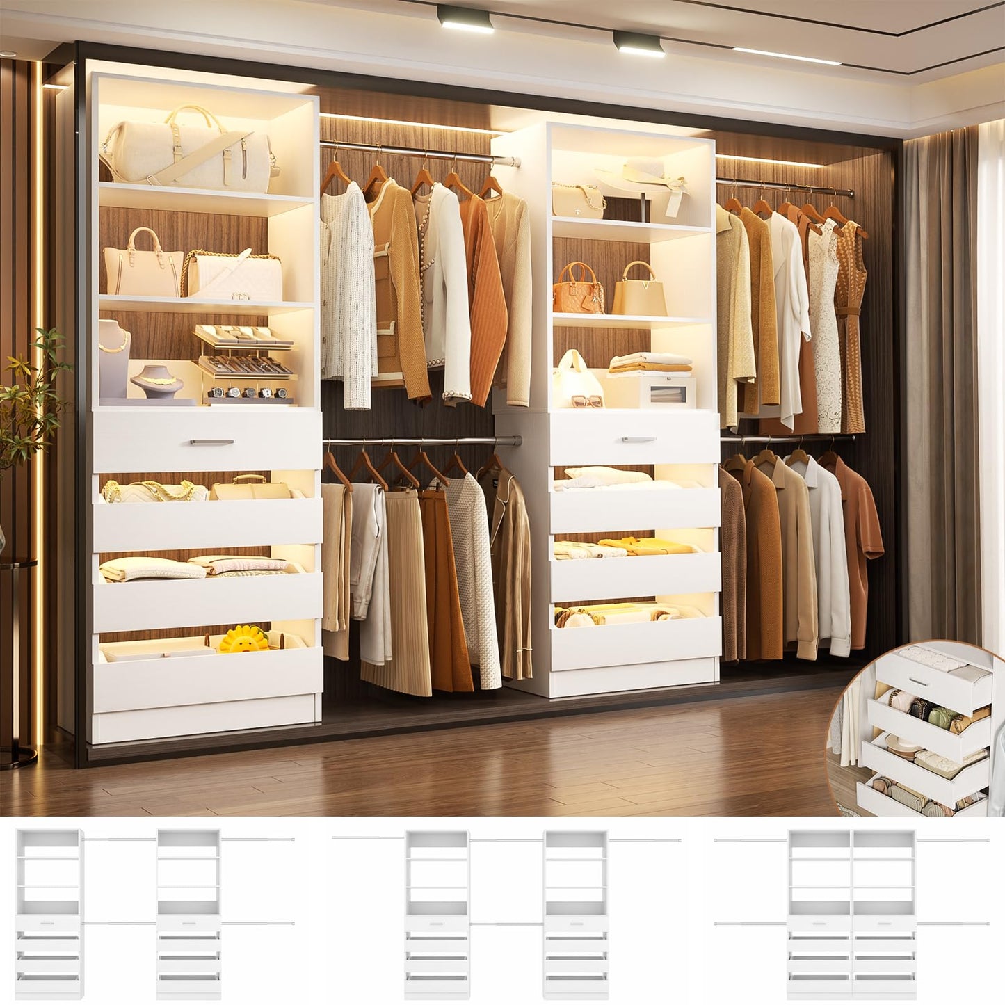 Aheaplus Closet System, 6-15Ft Closet Organizer with 8 Wooden Drawers, Wood Closet Organizer System with Tower, Walk-in Closet Organizer Wardrobe Clothes Rack with 4 Hanging Rods, Garment Rack, White