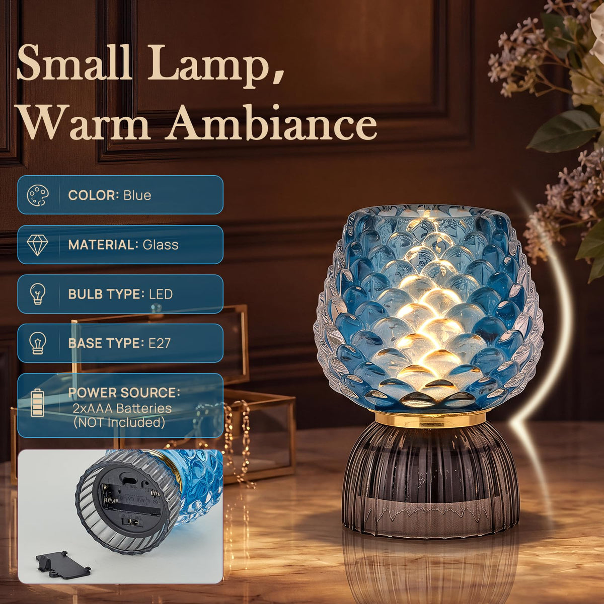 SisiHokai Battery Operated Lamp with Timer, Cute Small Cordless Glass Table Lamp for Home Decor, Kitchen, Bathroom, Birthday Gift for Women, Pinecone, Blue