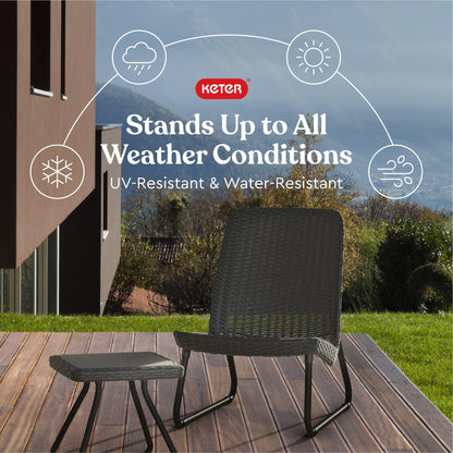 Keter Rio 3 Piece Resin Wicker Patio Furniture Set with Side Table and Outdoor Chairs for Front Porch and Backyard Decor, Dark Grey