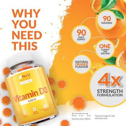 Vitamin D3 Gummies 4000 IU Adults - 90 High Strength Gummies - 1 a Day - Natural Orange Flavour - Vegetarian VIT D Supplement - Chewable VIT D Gummy - Made in The UK - Nu U Nutrition