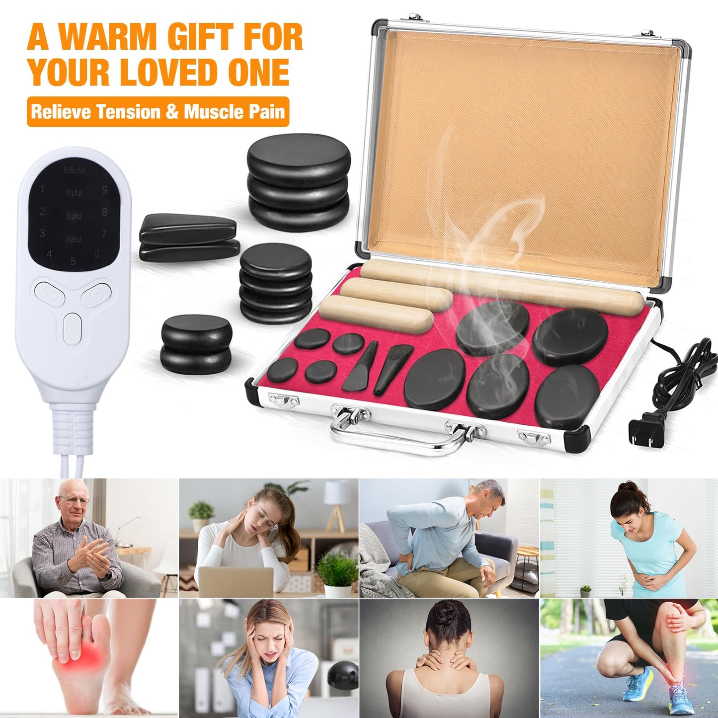 Yunsailing Hot Stones Massage Set with Warmer Kit Hot Rocks Massage Heater Kit with Adjustable Temperature Basalt for Home Spa, Pain Relief, and Relaxation (11 Stones and 3 Sticks)