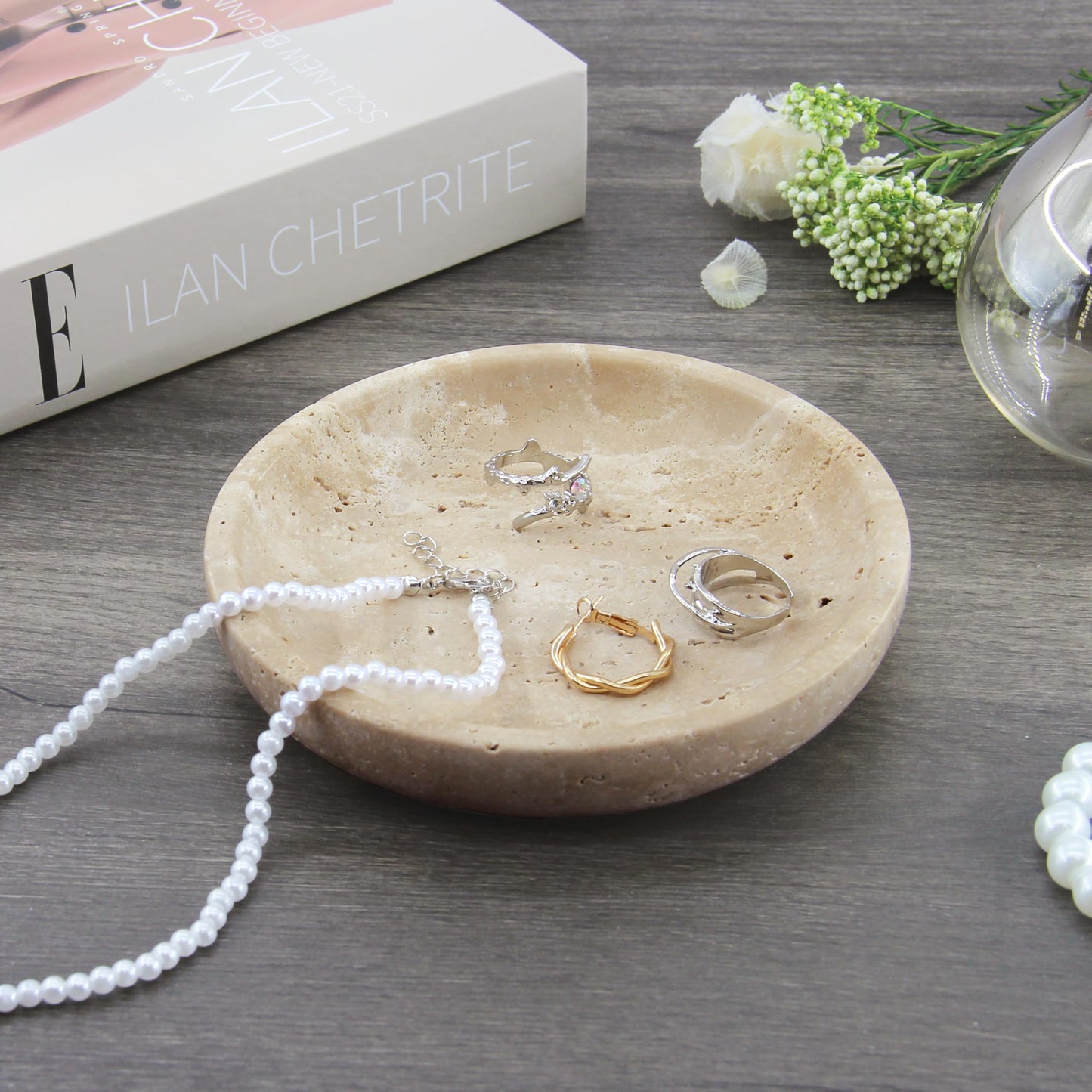 Small Natural Marble Jewelry Tray Key Plate Holder Dish Trinket Decor Catch All Bowl for Ring Earring Stone Gift for Women Daugther,Beige Travertine，5.5"