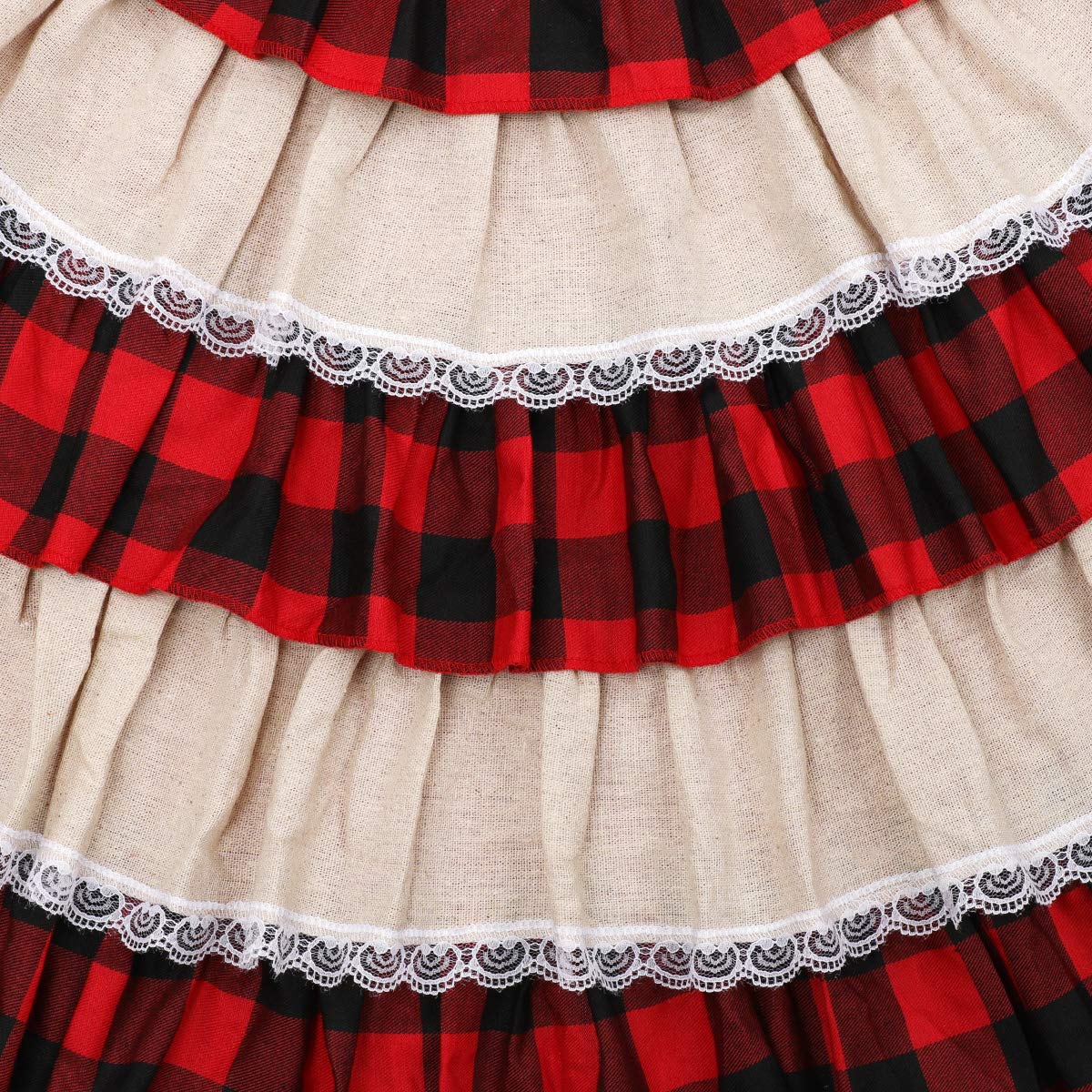 yuboo Burlap Buffalo Plaid Christmas Tree Skirt 48 inches, Red Farmhouse 6-Layer Ruffle Tree Skit with Lace Border for 5-7 FT Trees, Fall Thanksgiving Christmas Decorations
