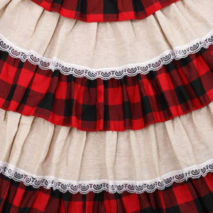 yuboo Burlap Buffalo Plaid Christmas Tree Skirt 48 inches, Red Farmhouse 6-Layer Ruffle Tree Skit with Lace Border for 5-7 FT Trees, Fall Thanksgiving Christmas Decorations