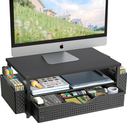 Spacrea Desk Organizer and Accessories, Computer Monitor Stand Riser with Drawer and 2 Pen Holders, Office Desk Accessories & Workspace Organizers for Office Supplies (Black)