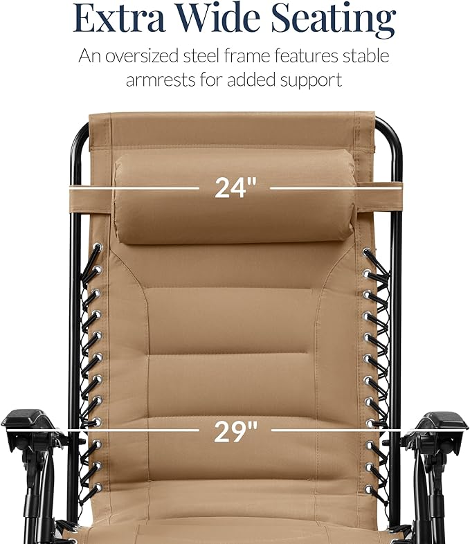 Best Choice Products Oversized Padded Zero Gravity Chair, Folding Outdoor Patio Recliner, XL Anti Gravity Lounger for Backyard w/Headrest, Cup Holder, Side Tray, Polyester Mesh - Beige