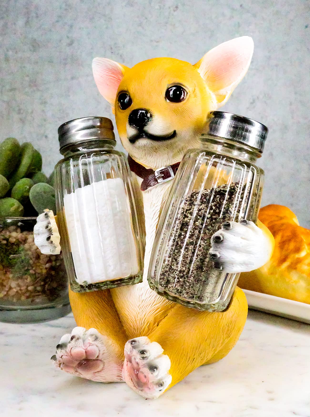 Ebros Picante Teacup Tan Chihuahua Puppy With Collar Salt And Pepper Shakers Holder Figurine Set 6.25"H Chi Chi Taco Dog Animal Pet Pal Kitchen Dining Bar Accent Sculpture