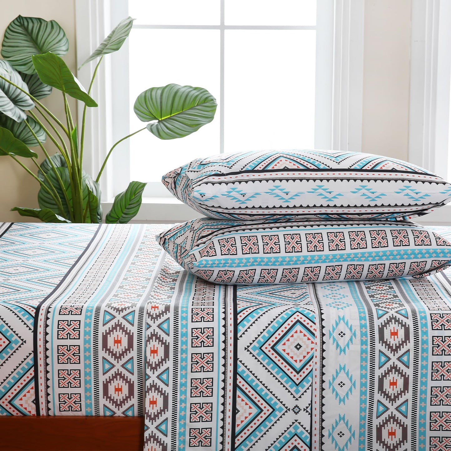 CozySmile 4 Pieces King Sheet Set Bohemian, Boho Sheets Soft Microfiber Deep Pocket, Western Sheets Geometric(King, Turquoise Geometric)