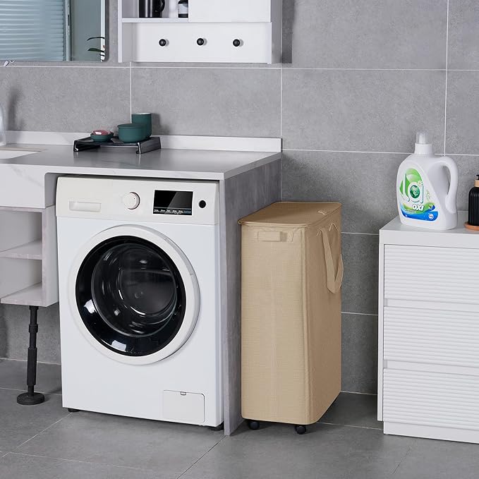 Slim Laundry Hamper with Lid and Wheels, Small Rolling Laundry Basket with