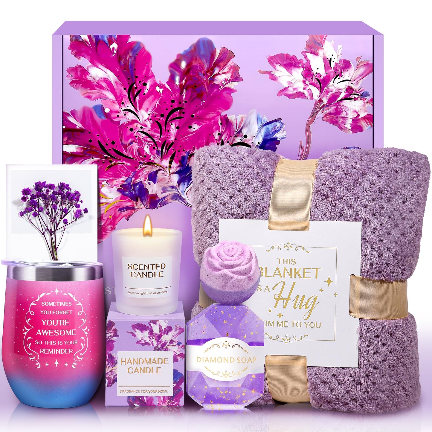 Mothers Day Gifts, 8 piece Birthday Gifts for Women, Get Well Self Care Gift with Flannel Blanket, Teacher Appreciation Retirement Basket Set for Grandma, Mom, Sister, Wife, Girlfriend, Her, Nurse