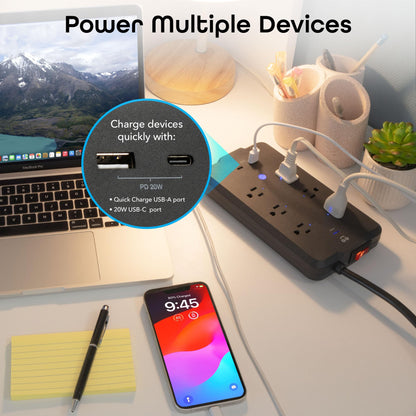 Geeni Smart Plug Power Strip, 6 Outlets and 2 USB Ports, 6 ft. Cord, Surge Protector with Voice Control, WiFi Control, Compatible with Alexa & Google Home, No Hub Required, Black