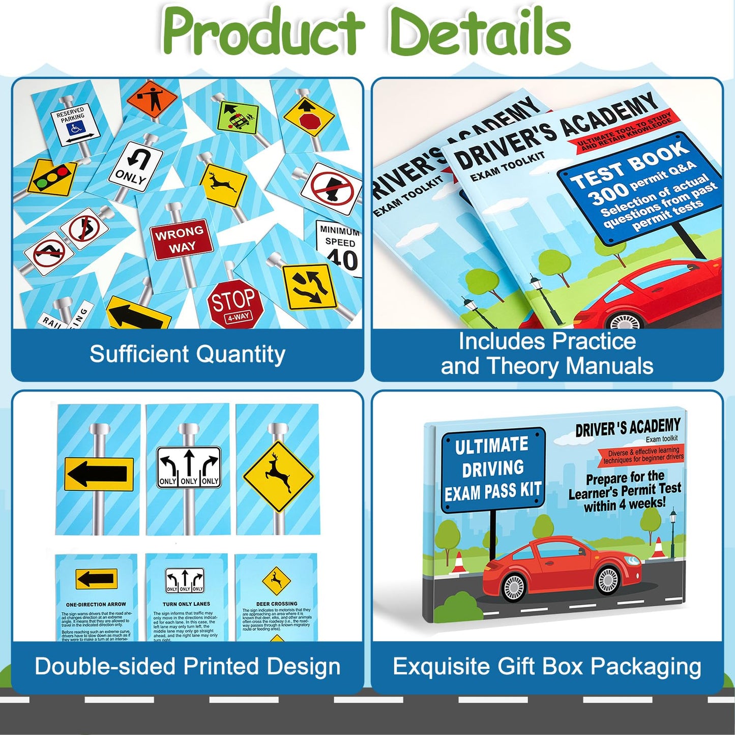 Driver's Academy Exam Toolkit Driving Exam Pass Kit Includes Driver's Manual, Test Book and 60 Double-Sided Road Signs Flashcards for Drivers License Test Prep Teens Boys Girls New Drivers Gift