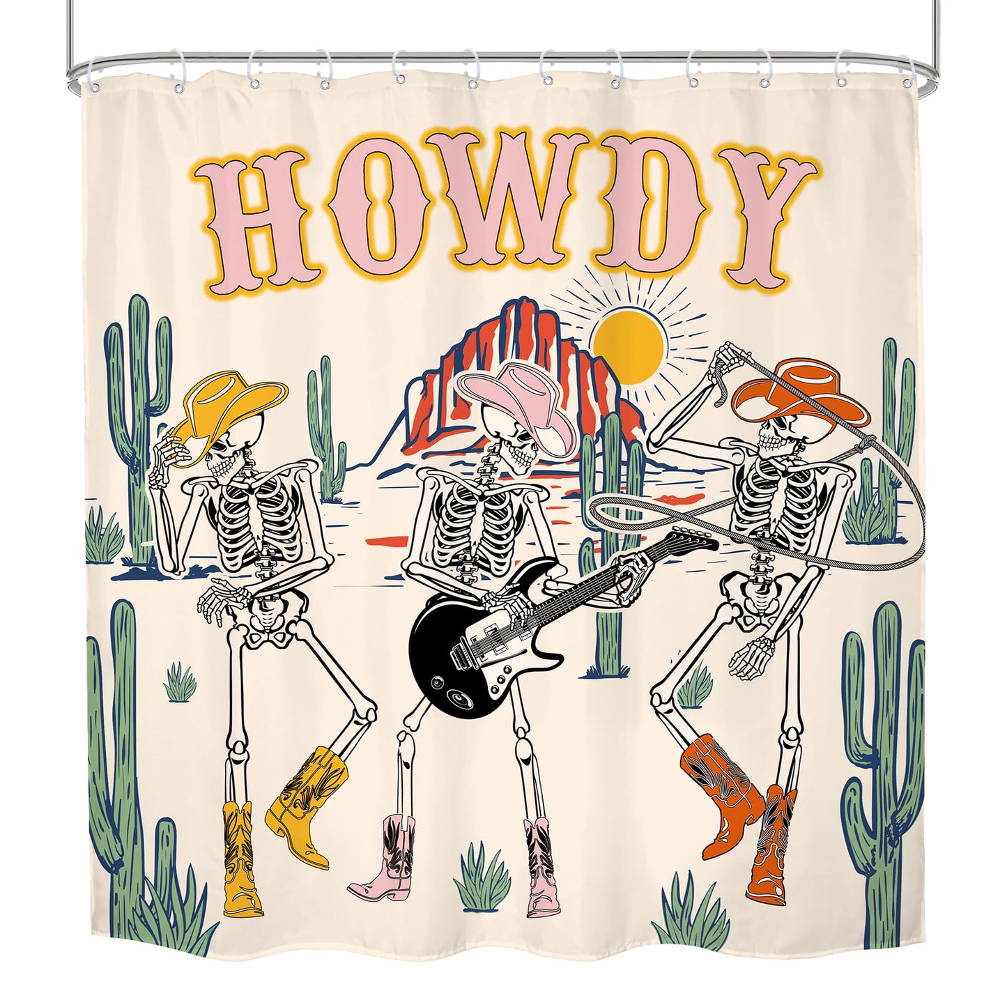 Mitpok Halloween Western Cowboy Skull Shower Curtain Funny Skeleton Retro Cowgirl Texas Howdy Funky Groovy Wild West Desert Gothic Cool Mountain Cactus 72Wx72H Bathroom Decor Bath Curtain 12 Pack Hook