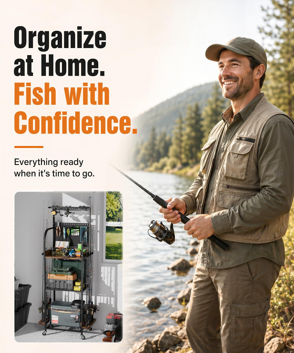 Homde Fishing Rod Holders for Garage: Large Capacity Fishing Equipment Holder up to 12 Rods - Mobile Tackle Storage Cart with Pegboard and Hooks for Tackle Box Organizers and Storage