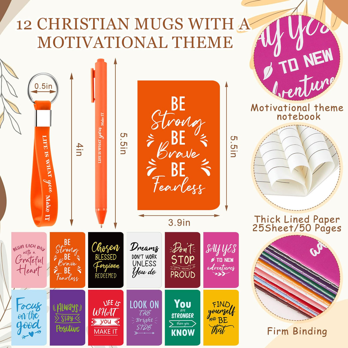 Hollowfly 12 Sets / 48 Pcs Inspirational Gifts Bulk for Employee Appreciation, 24 oz Plastic Cups and Pens Notebooks Keychains Set, Group Gifts for Office Staff Coworkers (Colorful)