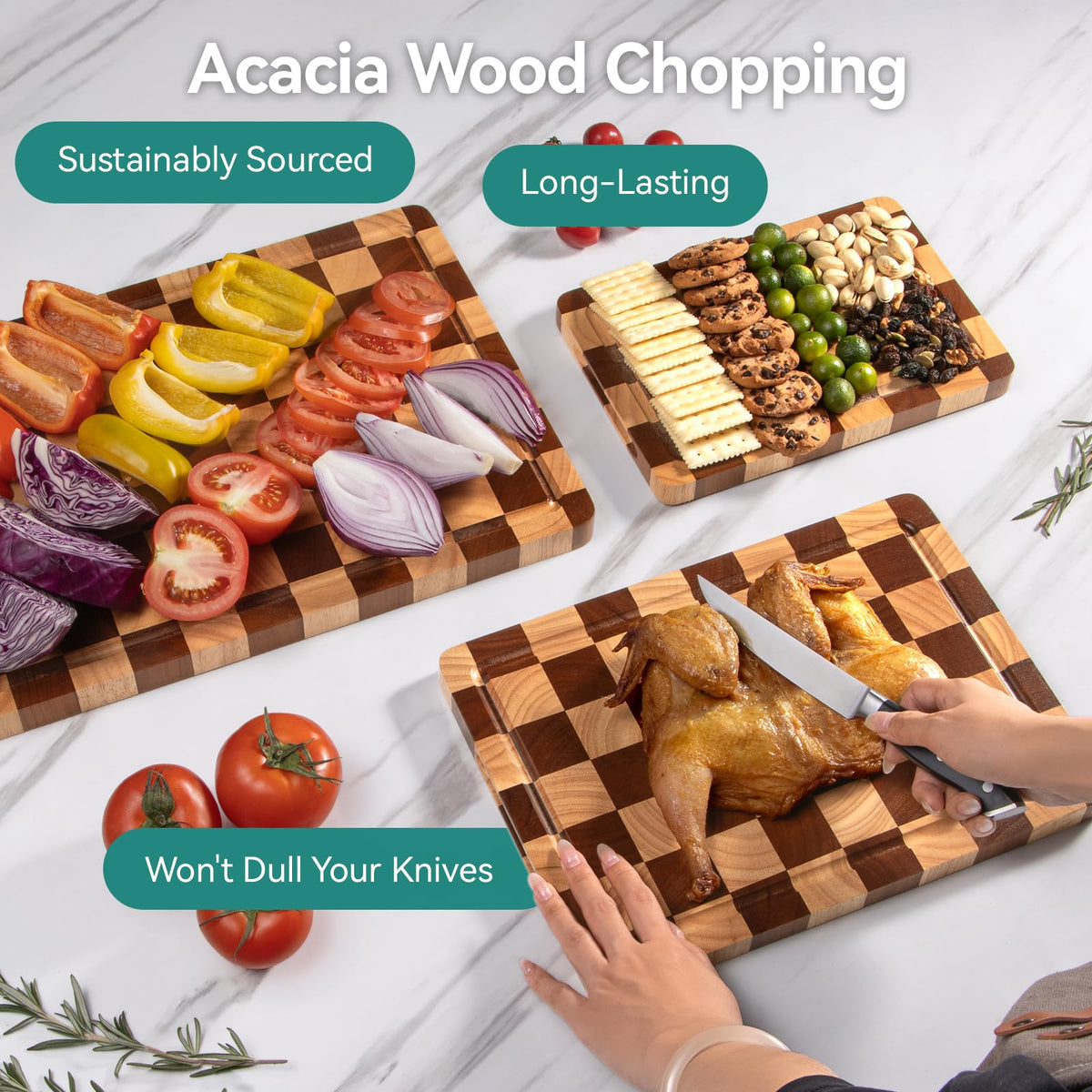 Checkerboard Cutting Board 3-PC Set, Solid Wooden Chopping Board, Acacia Wood Cutting Board for Kitchen with Holder with Deep Juice Grooves & Built-in Handles, for Meat, Vegetables and Fruits