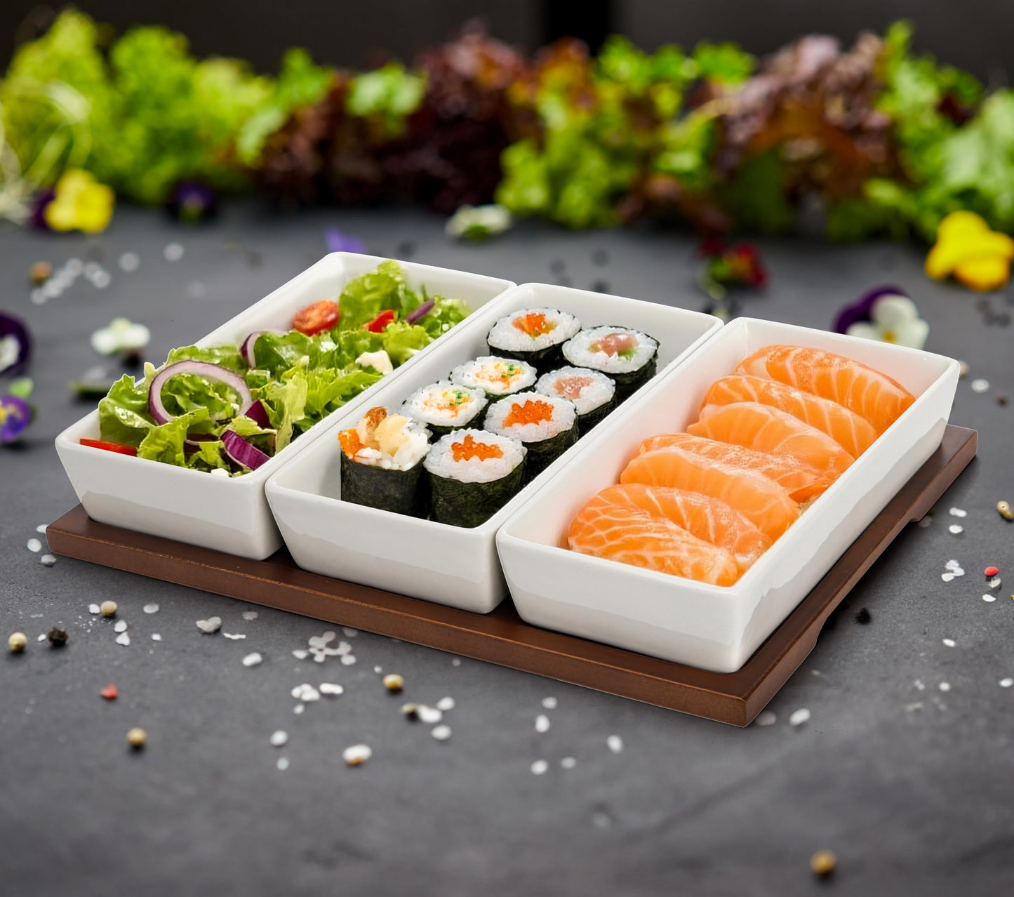 Elsjoy 3-Section Serving Tray, Wood Divided Serving Dish with Ceramic Bowls, 3-Compartment Food Platter Dipping Tray for Appetizer, Fruits, Bread