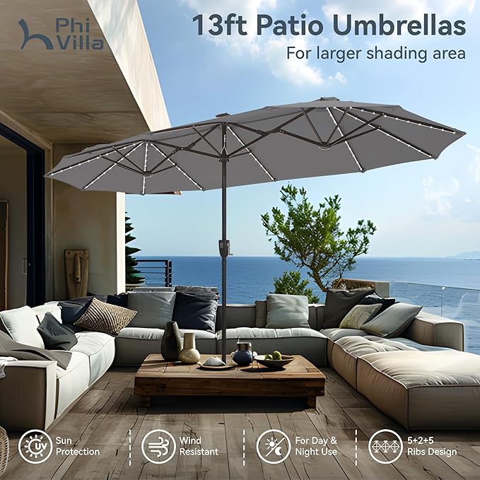 PHI VILLA 13ft Patio Umbrella with 120 PCS Solar-Powered LED Color-Changing Lights, Double-Sided Large Rectanglular Umbrella Outdoor for Table with Crank Lift,Light Grey(No Base)