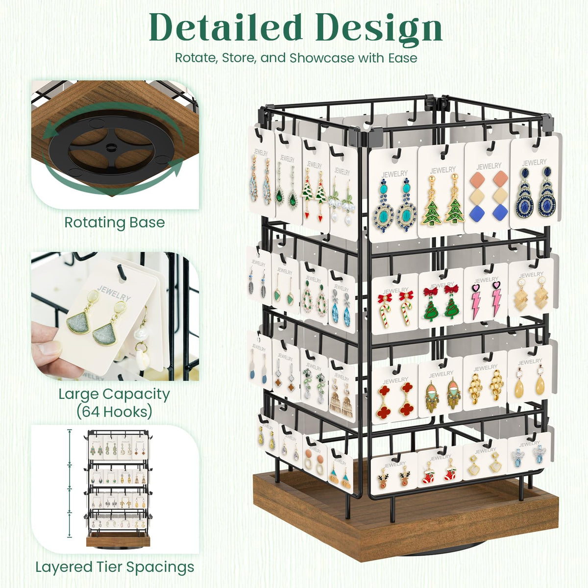 EsLuker.ly Rotating Earring Display Holder Stand for Vendors Events Selling, Large Capacity 64 Hooks Jewelry Rack with Wooden Base for Earring Card Sales, Enhances Retail Display Visibility