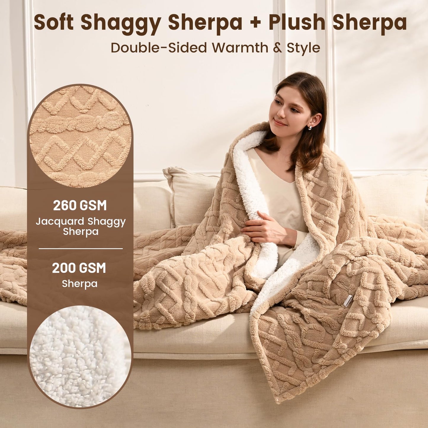 Heated Blanket Electric Queen Size - 84"x90" Electric Blanket with Dual Control, 9 Heat Levels and 1-10 Hours Timer, Soft Jacquard Fleece & Sherpa Washable, Great Gift Idea - Beige
