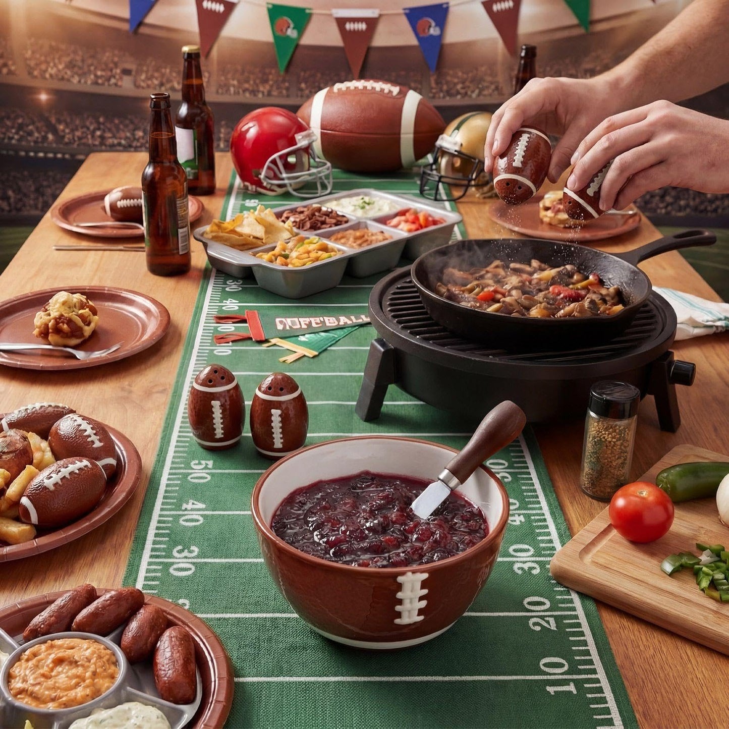 CimoroWin 4 Pcs Football Serving Set Ceramic Bowl Salt & Pepper Shakers And Stainless Steel Spreader for Football Fever Season Sport Lover Party Home Kitchen Dining Table Decoration