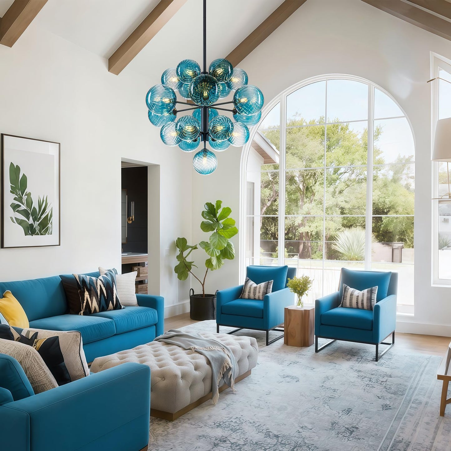 19-Light Blue Glass Bubble Chandelier Light Fixture, 24" Large Foyer Lighting Fixtures, Adjustable Black Mid Century Modern Sputnik Chandeliers for Dining Room Chandelier over Table, G9 Bulb Base
