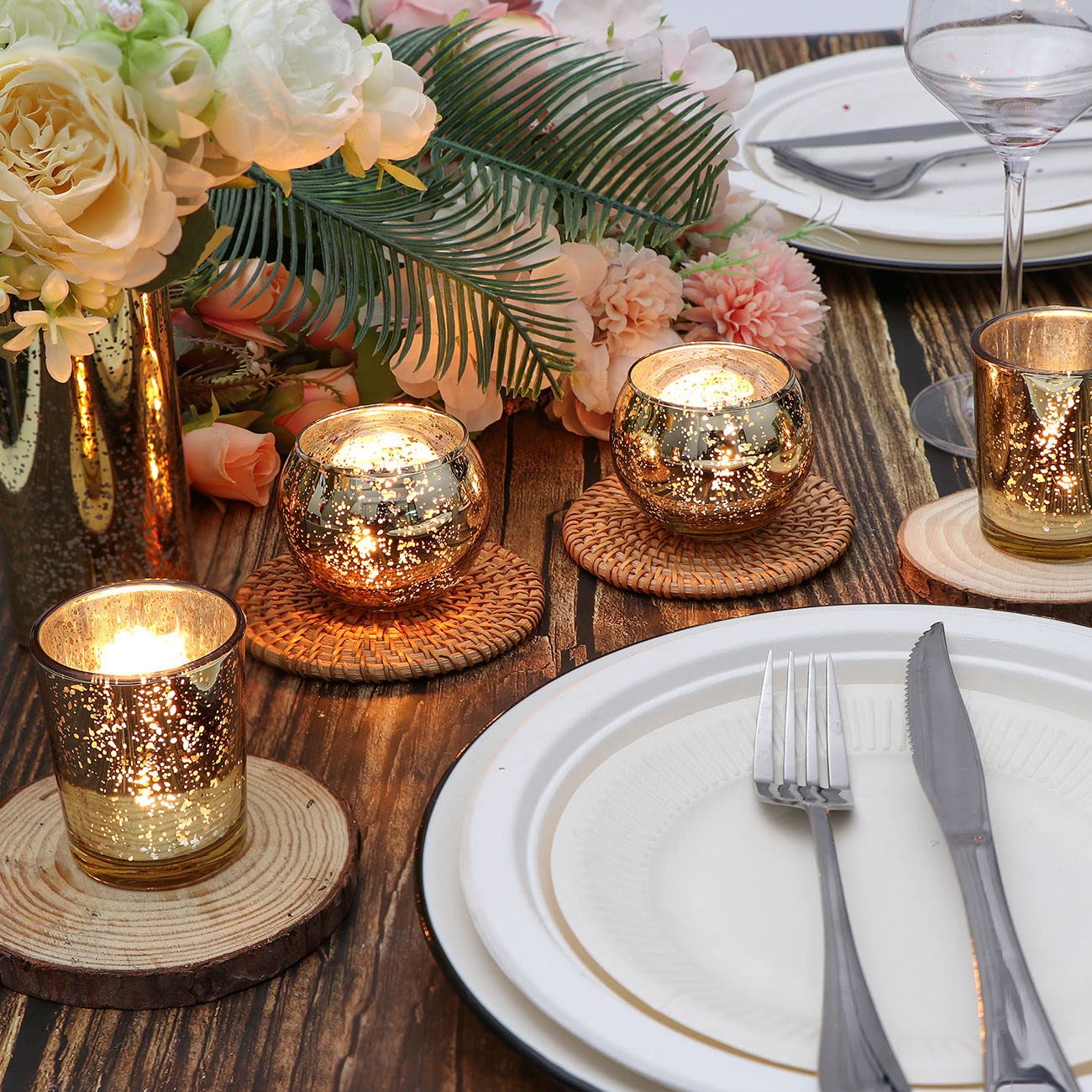 DEVI 24pcs Assorted Gold Votive Candle Holders, Mercury Glass Candle Holder, Diwali Decorations, Gold Wedding Centerpieces for Tables, Bridal Shower Party Table Decorations
