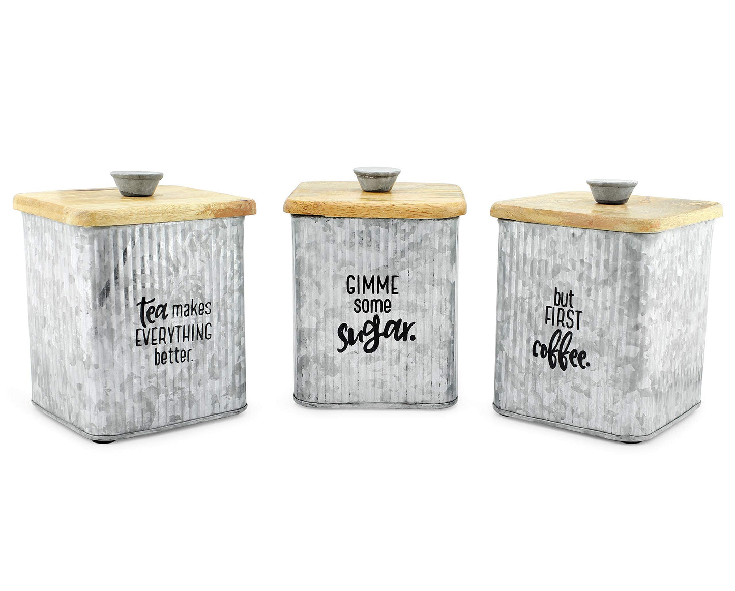 AuldHome Design Farmhouse Galvanized Canisters (Set of 3); Storage Containers for Coffee, Tea and Sugar in Galvanized Iron and Wood Design