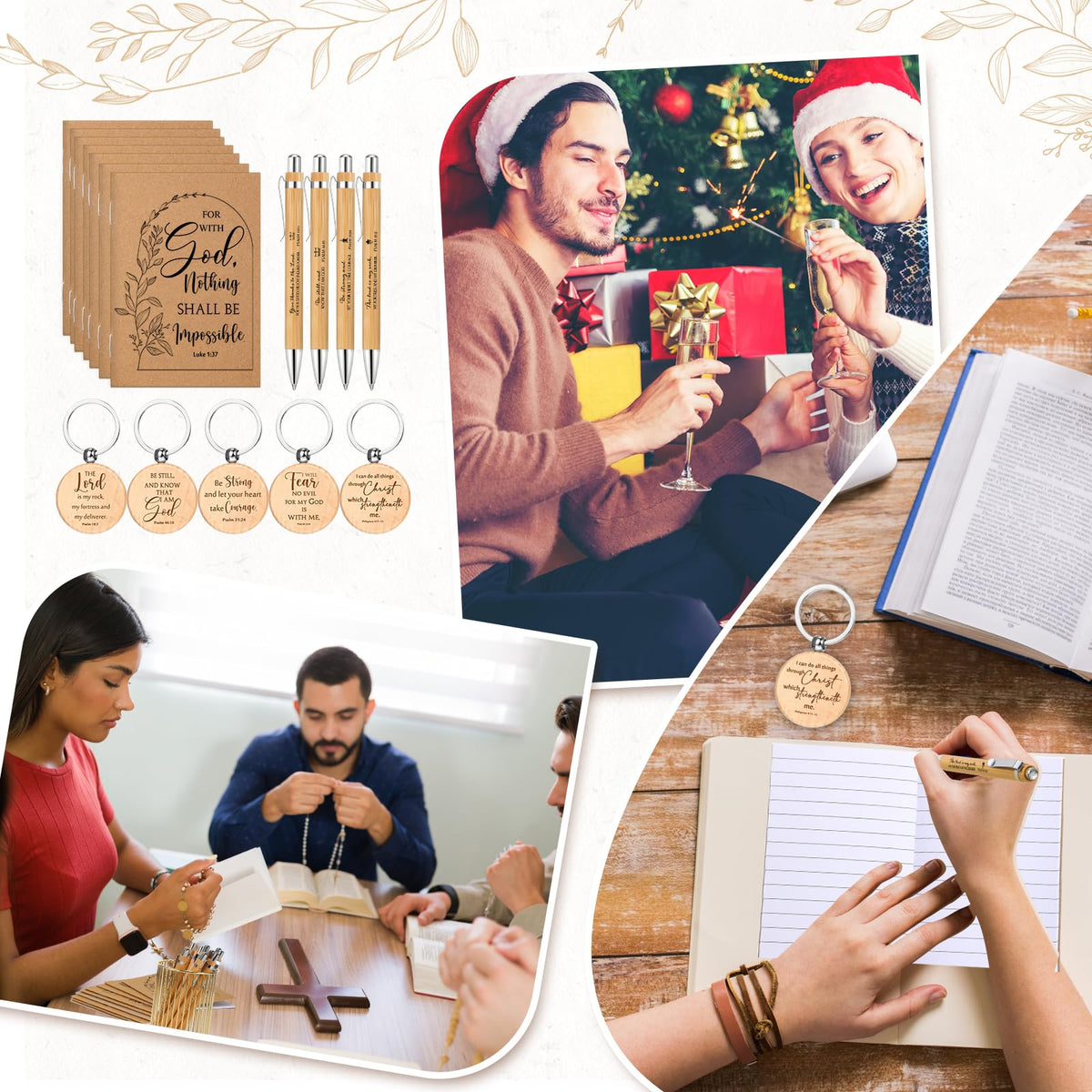 Kisston 30 Set Christian Gift Bulk - Bible Verse Inspirational Notepads, Bamboo Ballpoint Pens & Wooden Keychains for VBS Religious Party Favors Church Sunday Present