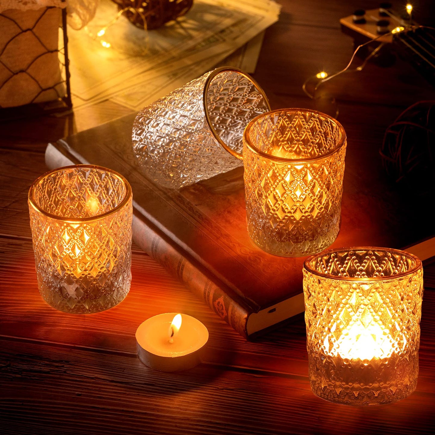 Set of 24 Glass Votive Candle Holders Clear Tealight Candle Holder with Gold Rim Embossed Tealight Holder Tea Light Candle Holders for Table Centerpiece, Wedding, Birthday, Holiday Decoration