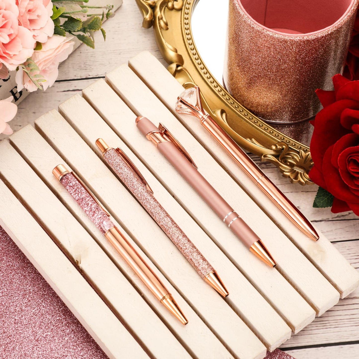 Sabary 8 Pcs Rose Gold Pens with Pen Holder for Desk Glitter Crystal Diamond Cute Ballpoint Fancy Pencil Holder Bling Desk Organizer for Women Girls Gifts School Office Valentine Supplies