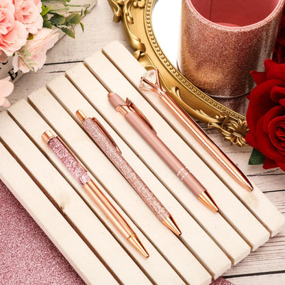 Sabary 8 Pcs Rose Gold Pens with Pen Holder for Desk Glitter Crystal Diamond Cute Ballpoint Fancy Pencil Holder Bling Desk Organizer for Women Girls Gifts School Office Valentine Supplies