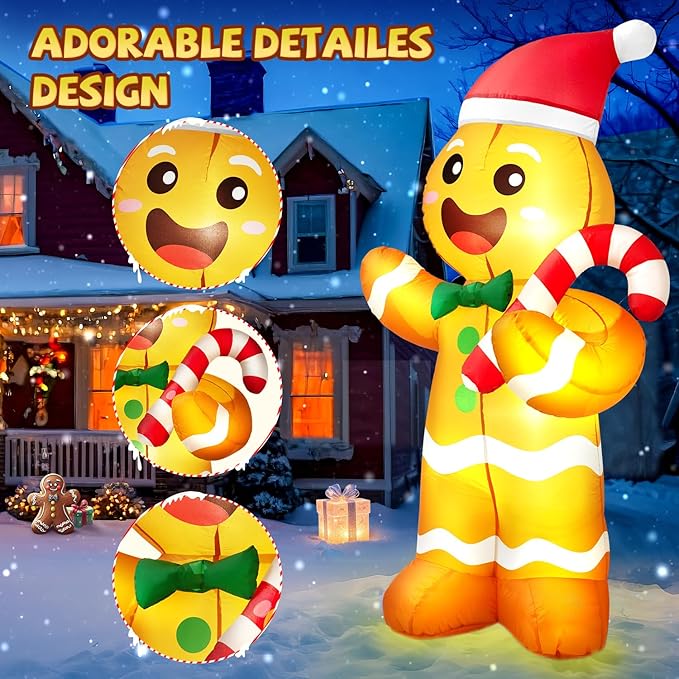 5FT Christmas Inflatables Gingerbread Man, Christmas Decoration Outdoor Built-in Bright LED Light Hold Candy Cane Blow Up Yard Decoration Blowups for Indoor Holiday Party Xmas New Year
