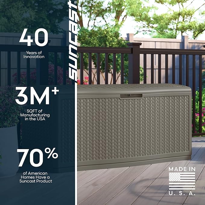 Suncast Extra Large Deck Box - 124 Gallon Resin Outdoor Storage Box with Lockable Lid for Outdoor Cushion Storage, Toys, & Garden Gear, Stoney Grey Wicker Bin for Patio, Porch, Pool, & Yard