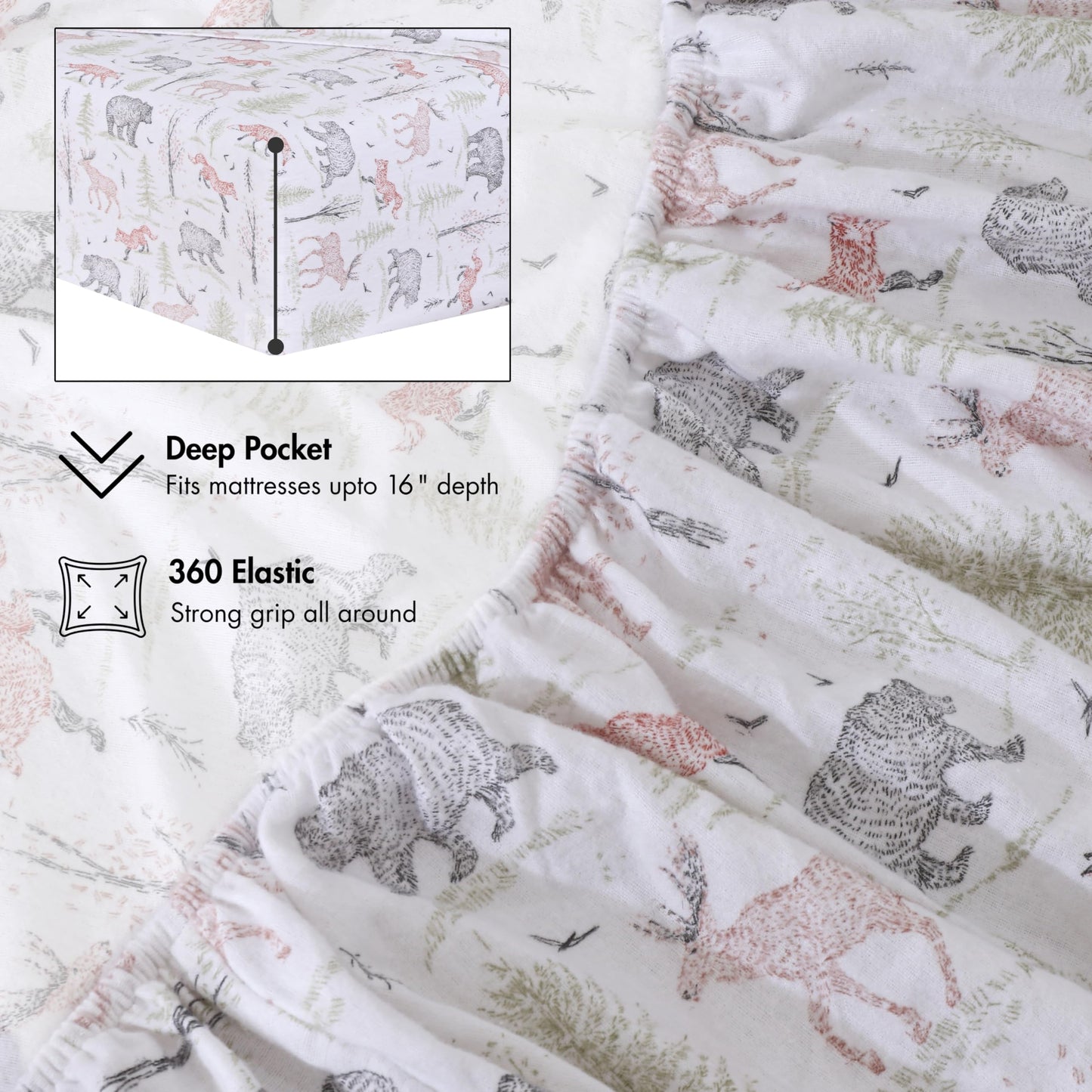 RUVANTI Flannel Sheets Queen Size - 100% Cotton Double Brushed Bed Sheets, Deep Pockets 16 Inches Queen Sheet Set, All Seasons Breathable & Extra Soft - Warm & Cozy, 4 Piece, Wildwood Tapestry
