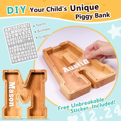 SummiDate Wooden Letter Piggy Bank for Kids| Piggy Bank for Boys Girls Toddler| Alphabet M Money Bank| Personalized Initial Wood Coin Bank Birthday for Kids (M)