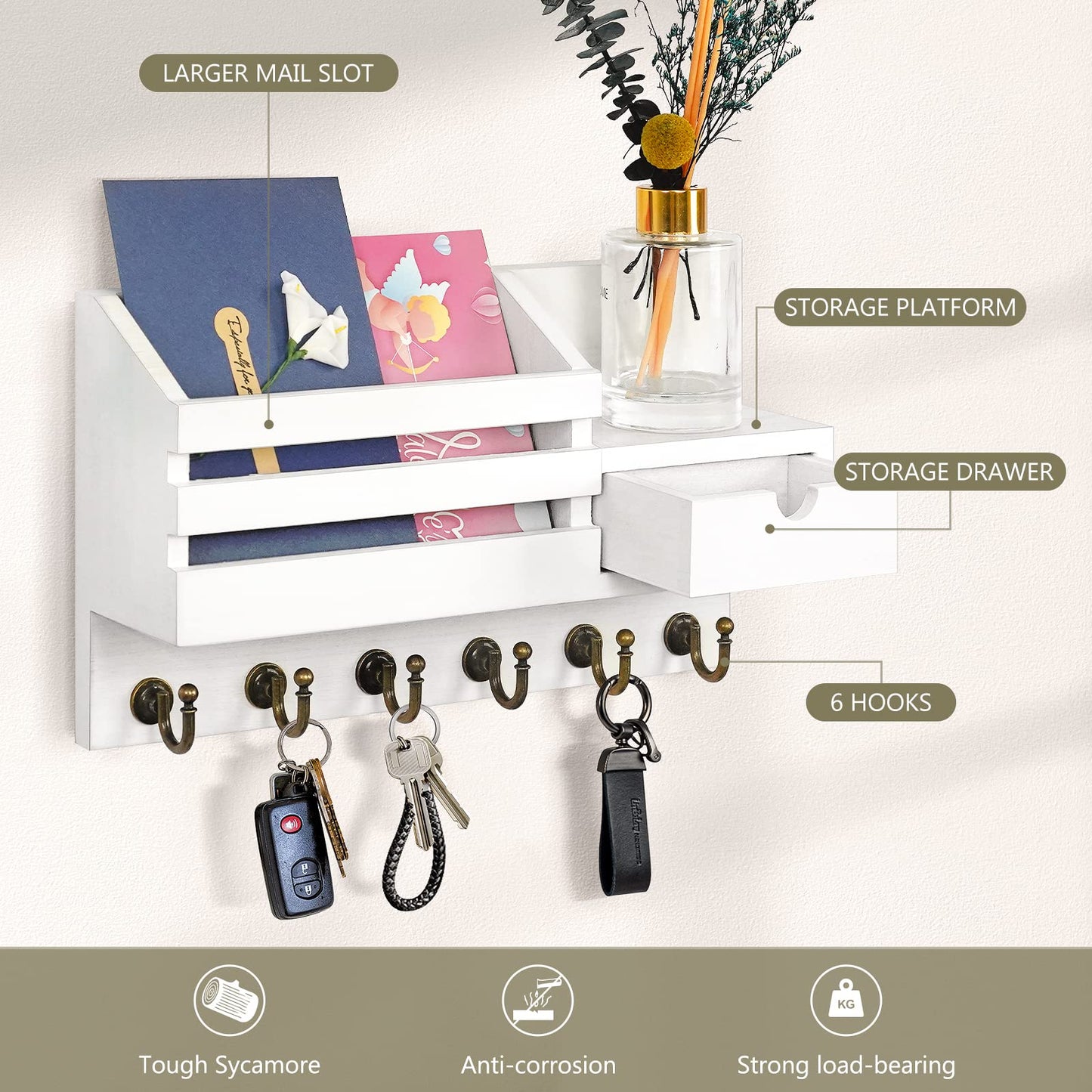 FifthQuarter Key Holder Wall Mount: Key and Mail Holder for Wall with 6 Hooks and Storage Drawer, Easy Installation Key Rack for Entryway Home Decor (A-White)