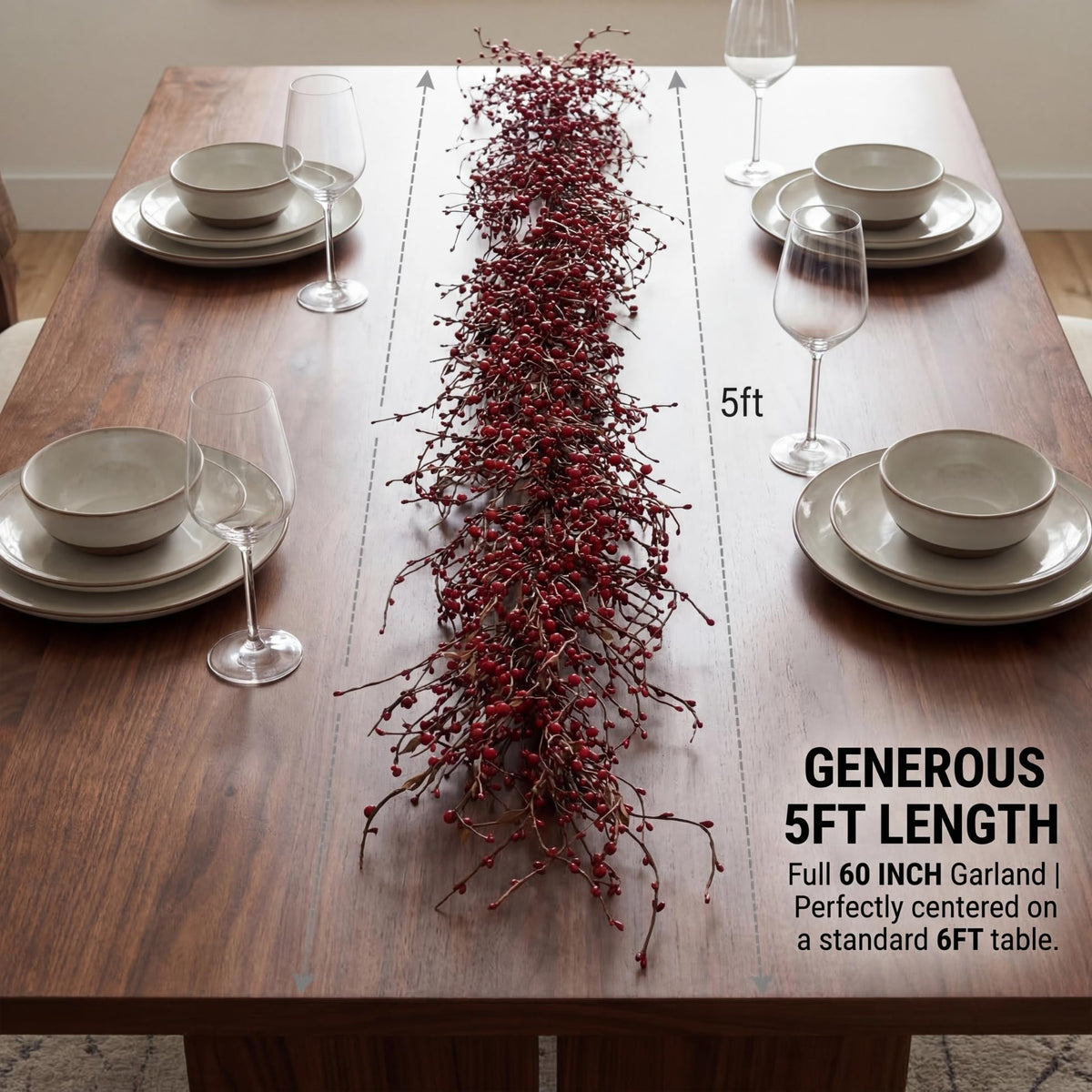 Quixem 60 Inch (5FT) Rustic Red Pip Berry Garland for Fireplace Mantel & Table Runner, Flexible Wired Artificial Vine, Christmas & Americana Farmhouse Décor Everyday Décor