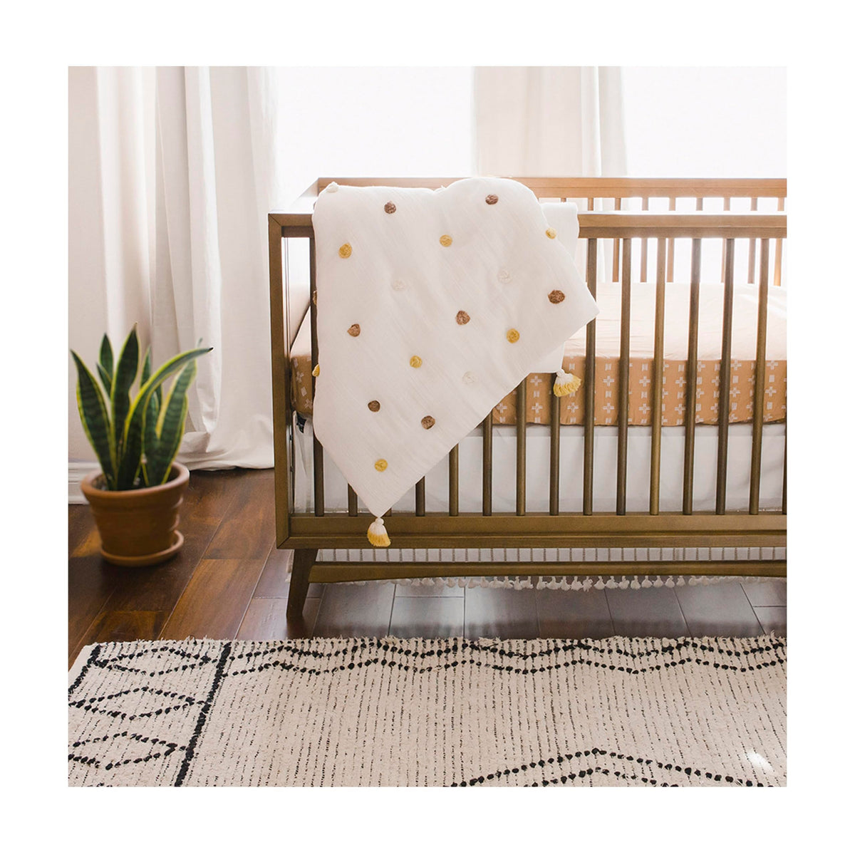 Crane Baby Blanket, 36” x 36”, Soft Cotton Pom Pom Nursery Blanket for Boys and Girls, Cream