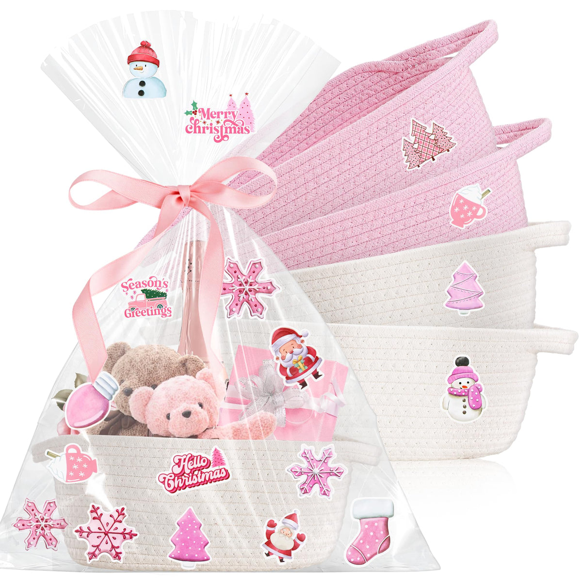 4pcs Valentines Day Gift Basket Empty, Pink Woven Basket with Handles, Decorative Rope Woven Storage Basket Valentines Gift Baskets with Gift Bags Sticker and Ribbons for Empty Decorative Gift Box
