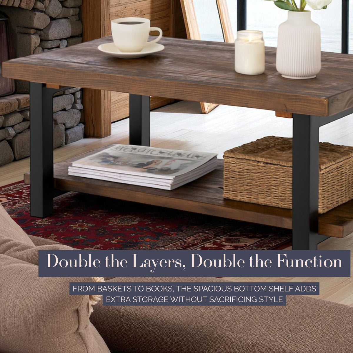 Pomona 42-Inch Rectangular Solid Wood Coffee Table with Storage Shelf & Metal Legs – Rustic Industrial Farmhouse Living Room Table by Alaterre Furniture (Rustic Natural)