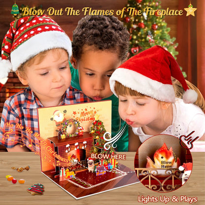 FITMITE Christmas Card Pop Up with Light and Music 3D Santa Fireplace Merry Christmas Greeting Card with Envelope for Kids Girls Women Man Christmas Gift