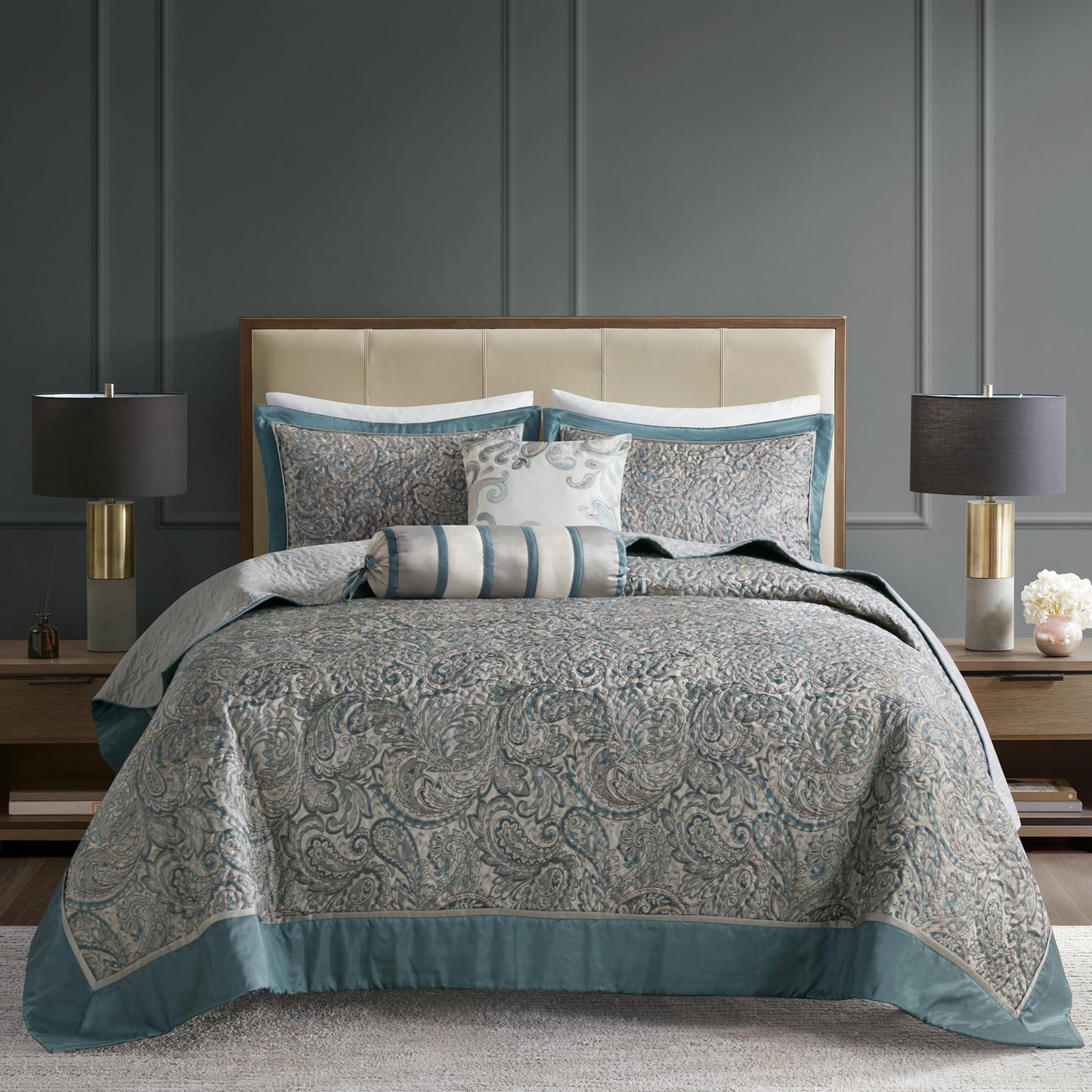 Madison Park Aubrey Reversible Quilted Bedspread Set, Solid Reverse Summer Breathable, Lightweight All Season Bedding Layer, Matching Shams, Bedspread Queen(102"x118") Teal 5 Piece
