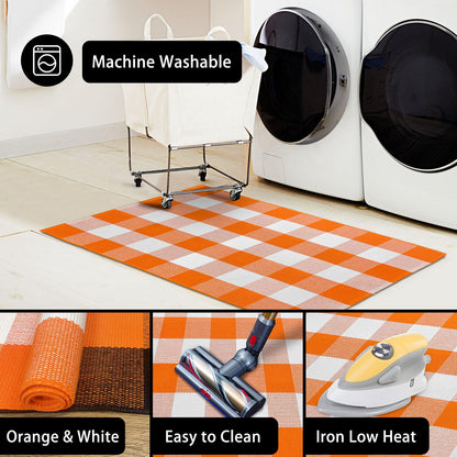 KOZYFLY Buffalo Plaid Rug 27.5x43 Inches Orange and White Checke Rug Halloween Fall Door Mat Cotton Washable Area Rugs Door Mat Outdoor Entrance for Front Porch Entryway Fall Farmhouse