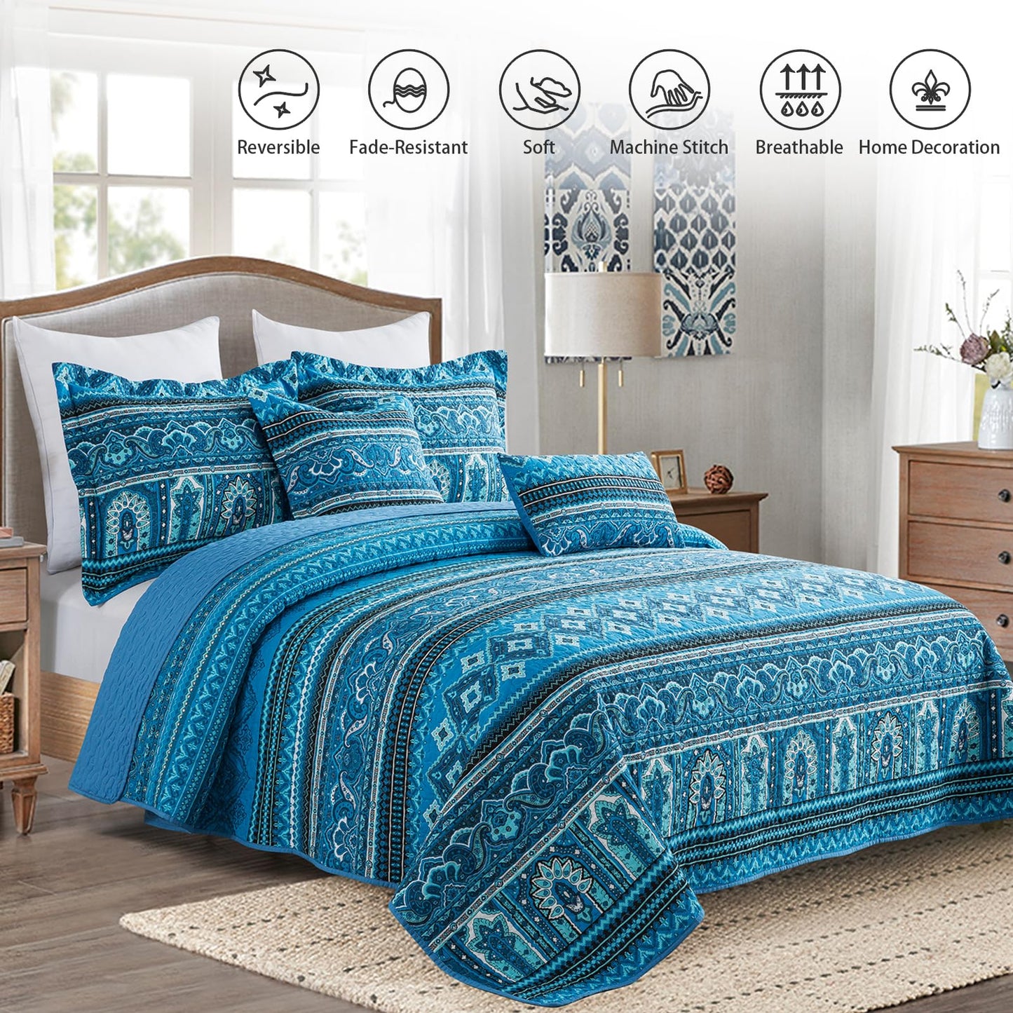 TWINRUN Cotton Quilts California King Size Set, 3 Pieces California King Quilt Bedding Set (108 x 118 Inch), Lightweight Boho Oversized King Size Bedspread, Blue Stripes Cotton Quilts for All Seasons