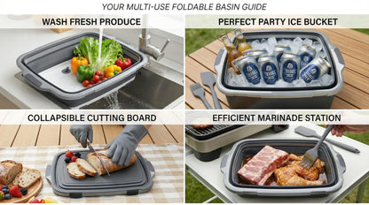 Collapsible BBQ Prep Tub with Lid & Cutting Board 8L - Meat Marinating Basin & Grill Carry System - 5pc Set with Heat Resistant Gloves, Basting Brush & Spatula(Black, Large, 8L)