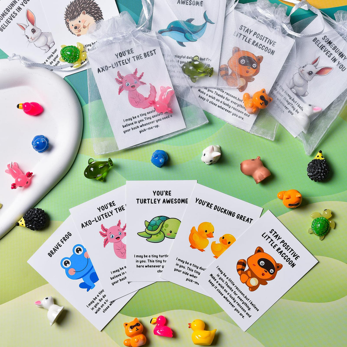 PAPPYN-A 30 Sets Employee Appreciation Gifts Bulk for Coworkers Team Staff Thank You Gifts Back to School Resin Animal Organza Bags Pun Inspirational Note Cards for Teacher Volunteer Nurse Office